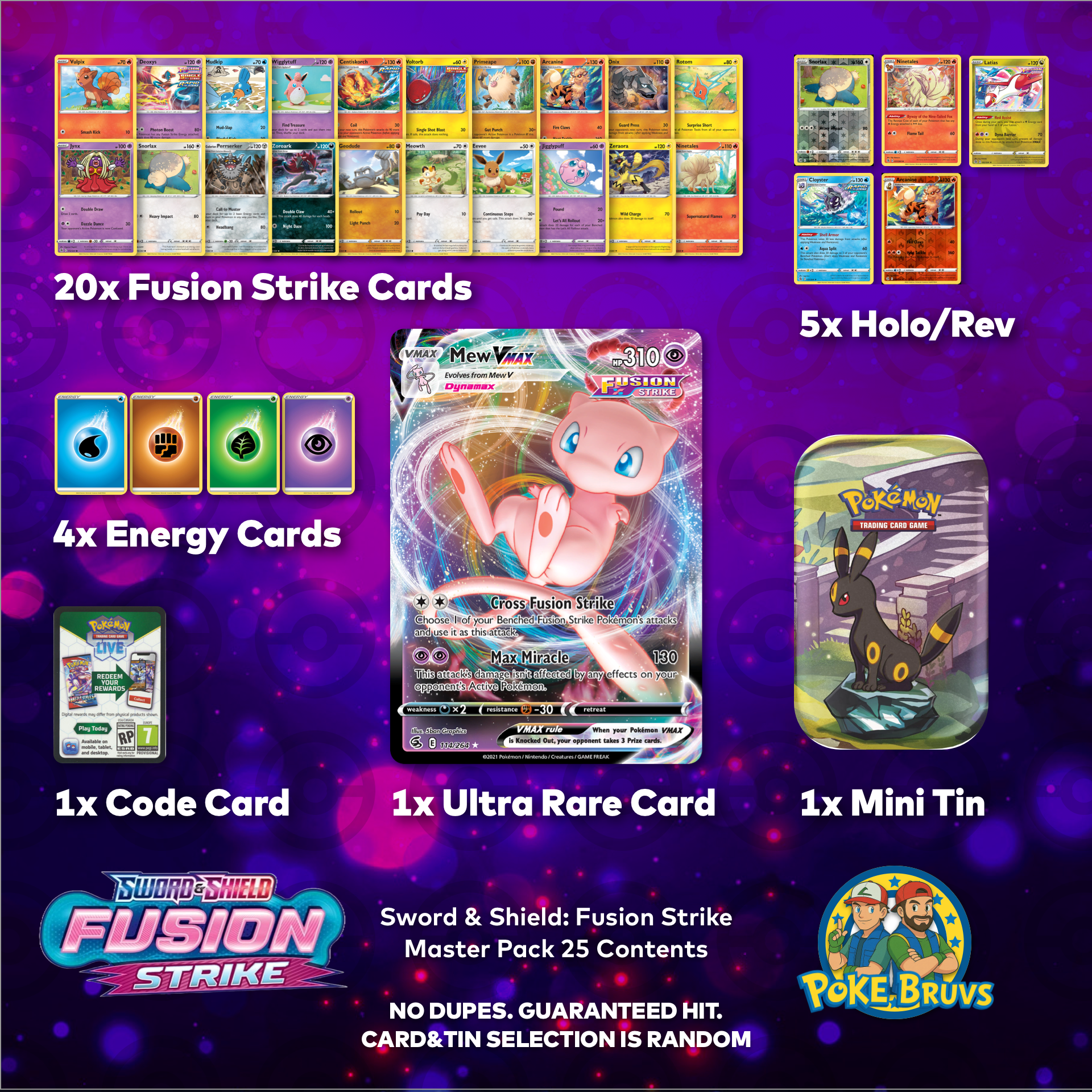 Pokemon TCG Sword & Shield: Fusion Strike Mystery Pack x25 w/ Mini Tin Poke Bruvs Pokemon TCG Sword & Shield: Fusion Strike Mystery Pack x25 w/ Mini Tin Poke Bruvs